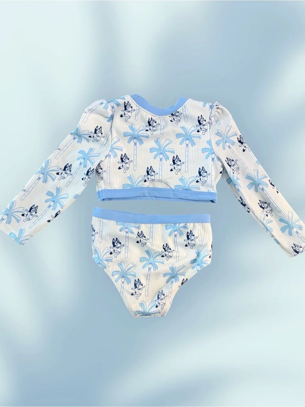 🎀 Girls Light Blue Bluey-Print Long Sleeve Rashguard Two-Piece Swim Set